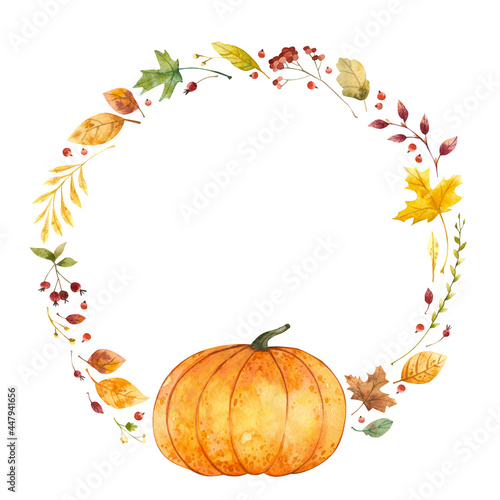 Watercolor wreath with pumpkin and fall leaves. Autumn, Thanksgiving Day. 