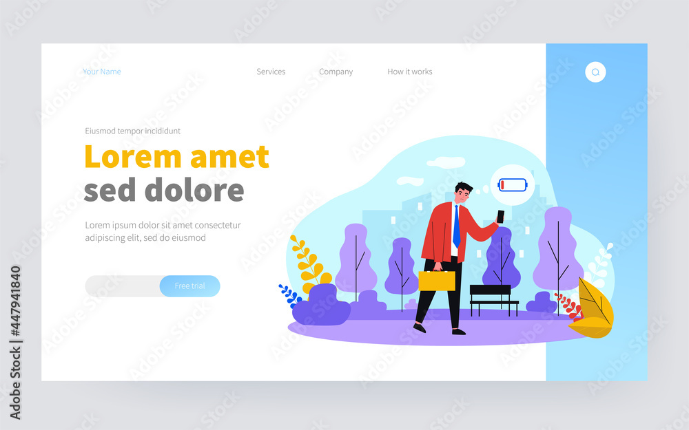 Unhappy businessman walking with cellphone out of battery. Man with low energy level flat vector illustration. Burnout, charging concept for banner, website design or landing web page Unhappy businessman walking with cellphone out of battery. Man with low energy level flat vector illustration. Burnout, charging concept for banner, website design or landing web page