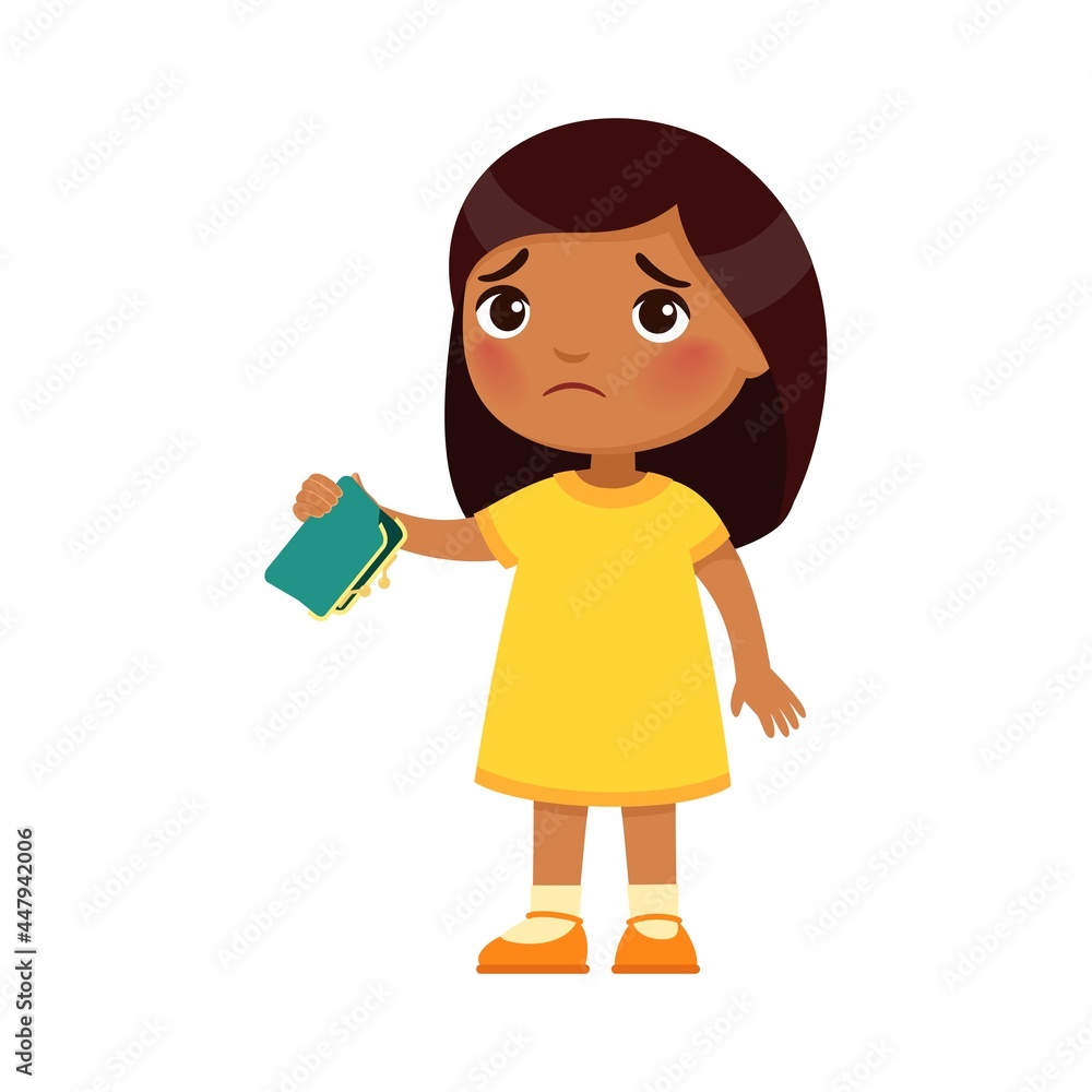 Little Indian girl with empty wallet in hand. Upset poor child cartoon character. Poverty, unemployed person in need. Frustrated little dark skin kid, isolated design element on white. Little Indian girl with empty wallet in hand. Upset poor child cartoon character. Poverty, unemployed person in need. Frustrated little dark skin kid, isolated design element on white.