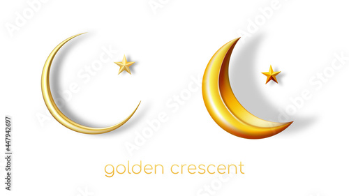 Realistic images of golden crescents with stars of different shapes and colors