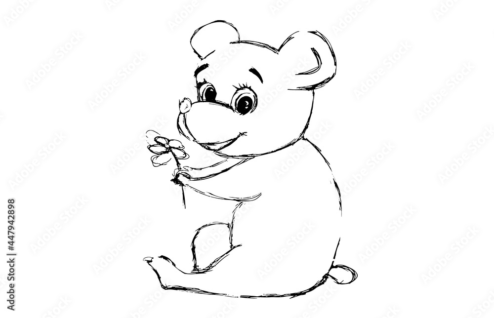 black outline of a cute bear holding a flower in his hands, isolated on a white background. Bear Sketch black outline of a cute bear holding a flower in his hands, isolated on a white background. Bear Sketch