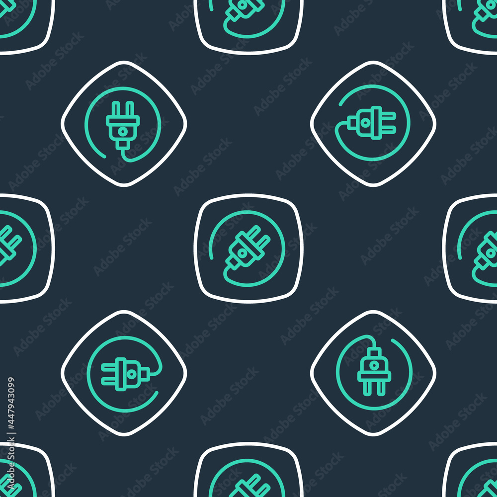 Line Electric plug icon isolated seamless pattern on black background. Concept of connection and disconnection of the electricity. Vector