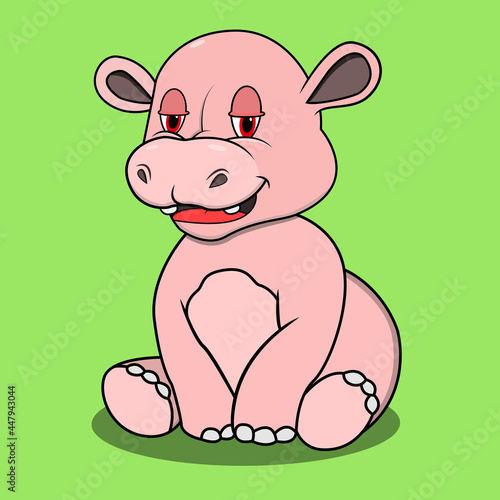 Character Hippopotamus With Relax Expression, Green Colors Background, Mascot, Icon, Character or Logo, Vector and Illustration.