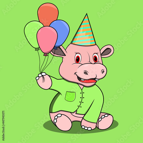 Character Hippopotamus With Four Balloon To Party, Green Colors Background, Mascot, Icon, Character or Logo, Vector and Illustration.