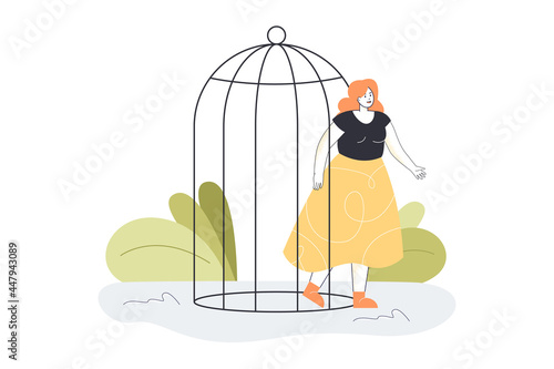 Happy woman opening birdcage and escaping. Person leaving cage after being depressed flat vector illustration. Mental health, domestic violence, freedom concept for website design or landing web page
