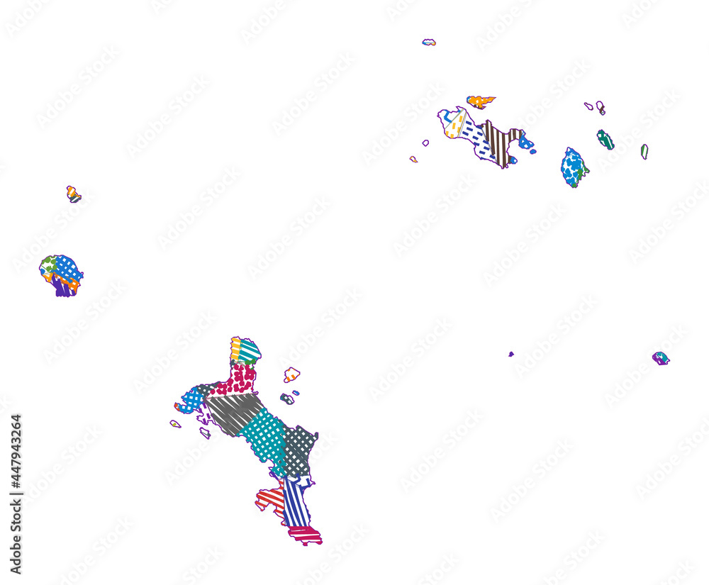 Naklejka premium Kid-style map of Seychelles. Hand-drawn polygons in the shape of Seychelles. Vector illustration.