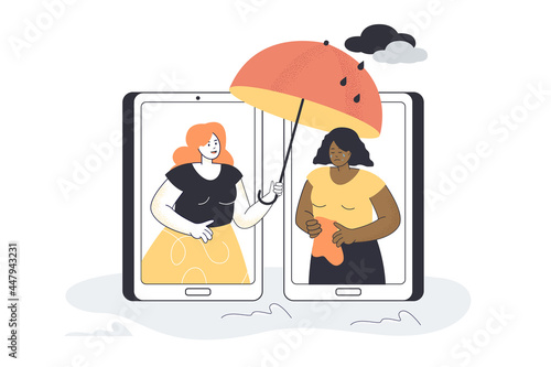 Woman giving support to sad female friend over phone. Character with umbrella helping black girl with depression, online therapy flat vector illustration. Mental health, empathy, psychology concept