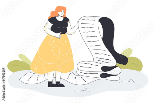 Sad woman holding long checklist or shopping bill. Person with big paper scroll, work document, law suit or report flat vector illustration. Time management, payment concept for banner, website design