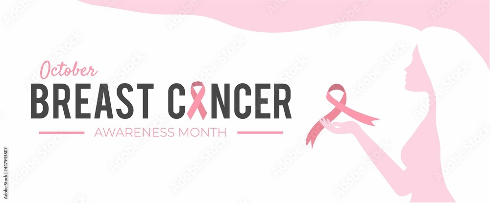 Breast cancer awareness month concept with pink ribbon and woman silhouette. Flat style vector illustration for breast cancer prevention campaign. Pink power design template for flyer, leaflet, banner