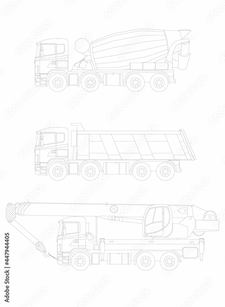 Set of vector sketches of construction automotive equipment. Vector illustration.