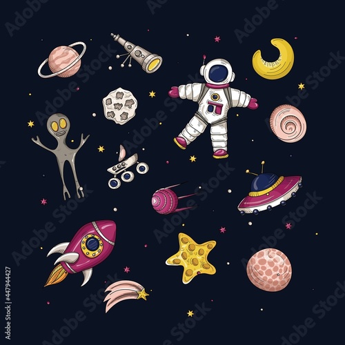 Space. Set of space icons and elements. All objects separate. Vector illustration. Hand-drawn.