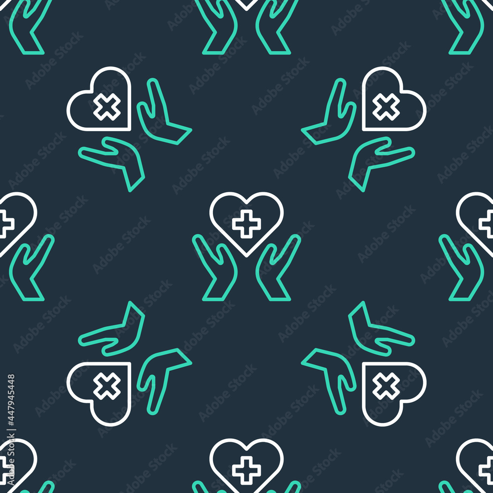 Line Heart with a cross icon isolated seamless pattern on black background. First aid. Healthcare, medical and pharmacy sign. Vector Line Heart with a cross icon isolated seamless pattern on black background. First aid. Healthcare, medical and pharmacy sign. Vector