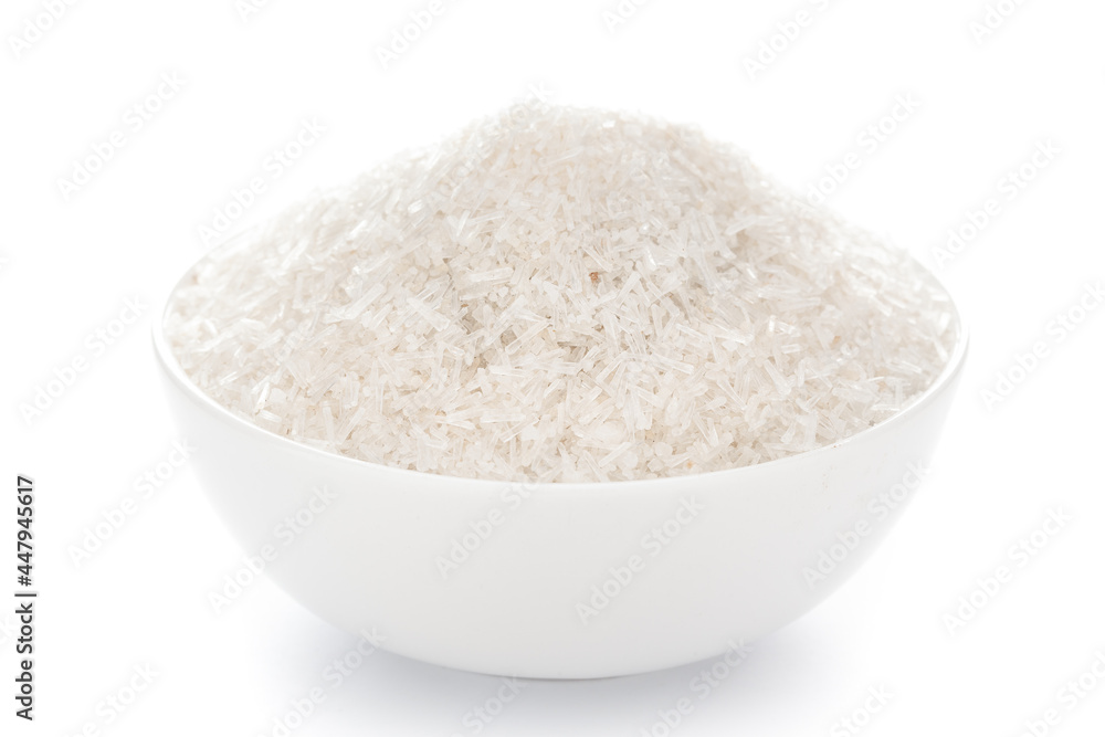 Close-up Monosodium glutamate MSG transparent crystal in white bowl isolated on white background. Close-up Monosodium glutamate MSG transparent crystal in white bowl isolated on white background.