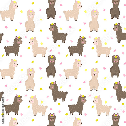  Llama seamless pattern with crown and stars