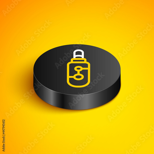 Isometric line Electronic cigarette icon isolated on yellow background. Vape smoking tool. Vaporizer Device. Black circle button. Vector