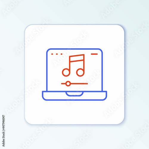 Line Laptop with music note symbol on screen icon isolated on white background. Colorful outline concept. Vector