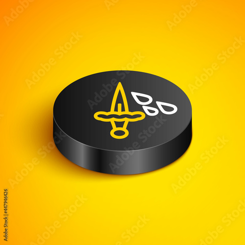 Isometric line Sword with blood icon isolated on yellow background. Medieval weapons knight and soldier. Symbol of murder. Black circle button. Vector