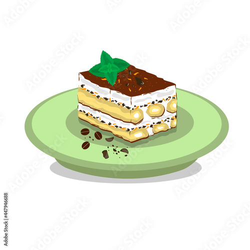 piece of tiramisu on plate. Chocolate, savoyardi cookies, cream cheese, mint. White background