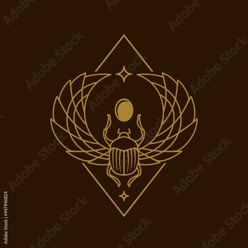 egyptian sacred Scarab wall art design. beetle with wings Vector illustration logo, personifying the god Khepri. Symbol of the ancient Egyptians in line Illustration