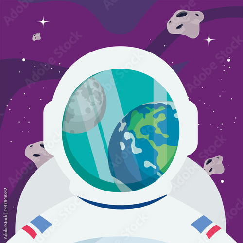 Astronaut seeing moon and earth