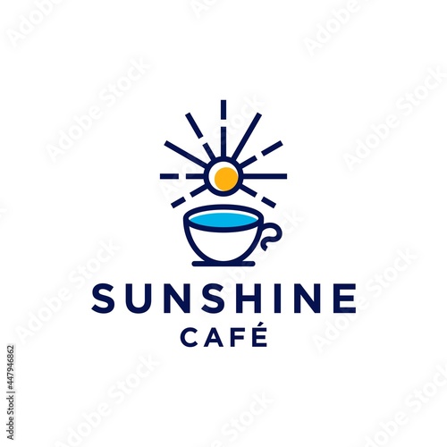 beach cafe logo concept. coffee logo with sun rise and sea water beach coast in modern line outline style vector icon template