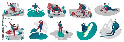 a set of vectors with different sports. Gymnastics, Running, Snowboarding, Snowboarding, Cycling, Biathlon, Triathlon, Football, Basketball, weightlifting, Curling
