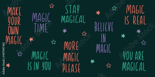 Magic lettering sign quote typography set. Inspiration hand drawn lettering. Calligraphy design for postcard poster graphics. Simple vector sign card colored elements.