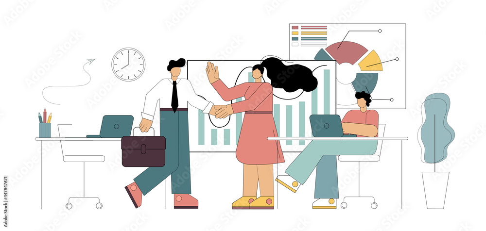 Employment concept. Congratulations to the employee with the start of work. The male worker and the female leader shake hands. Vector flat illustration.