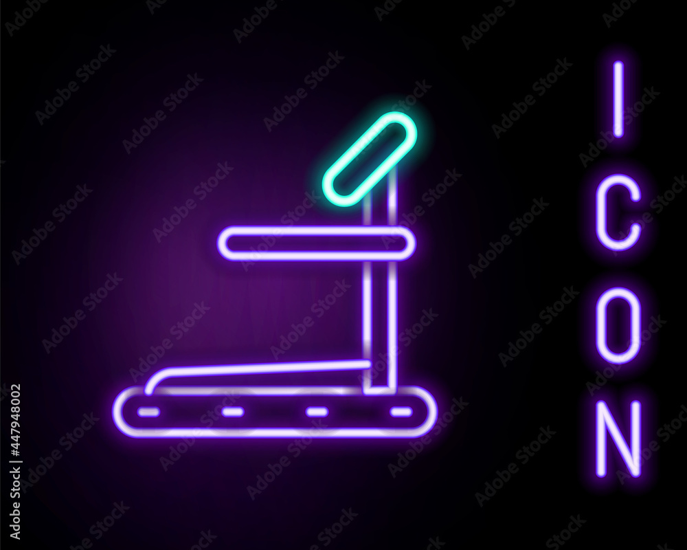 Glowing neon line Treadmill machine icon isolated on black background. Colorful outline concept. Vector Glowing neon line Treadmill machine icon isolated on black background. Colorful outline concept. Vector