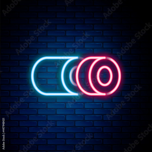 Glowing neon line Sushi icon isolated on brick wall background. Traditional Japanese food. Colorful outline concept. Vector