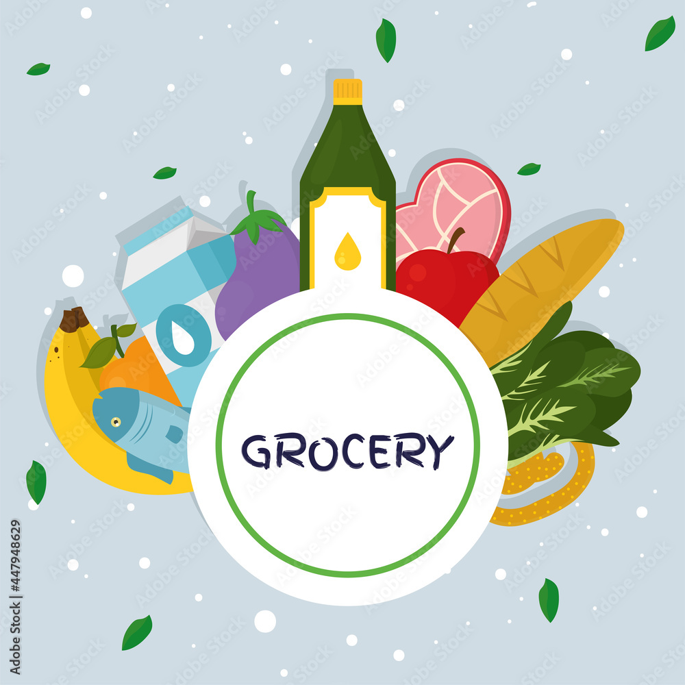 Grocery seal stamp with food icon set Grocery seal stamp with food icon set
