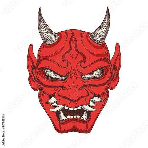 Hannya mask hand drawn vector illustration. Traditional japanese demon. Tattoo print. Hand drawn illustration for t-shirt print, fabric and other uses.