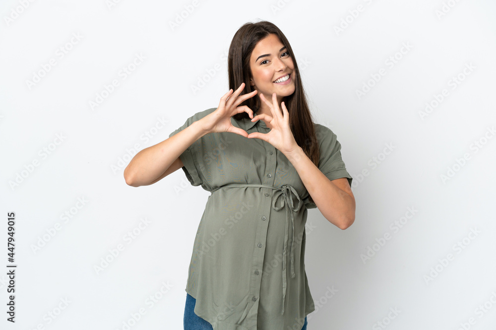 Young Brazilian woman isolated on white background pregnant and making a heart with hands Young Brazilian woman isolated on white background pregnant and making a heart with hands
