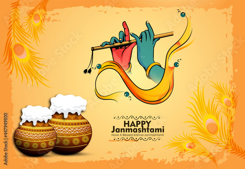 Celebrating happy Janmashtami festival of India with llustration of Lord Krishna and dahi handi competition with text in Hindi meaning 'Krishan Janmashtami'- vector background photo