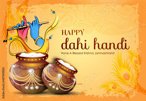 Celebrating happy Janmashtami festival of India with llustration of Lord Krishna and dahi handi competition with text in Hindi meaning 'Krishan Janmashtami'- vector background