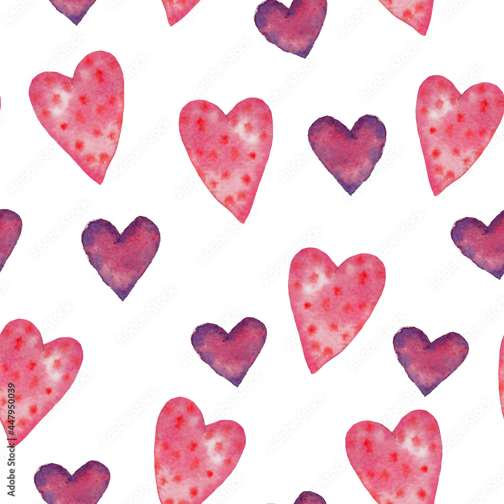 Watercolor hand drawn artistic hearts pattern, pink heart with red dots, violet hearts