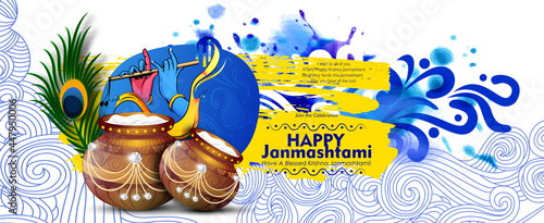 Celebrating happy Janmashtami festival of India with llustration of Lord Krishna and dahi handi competition with text in Hindi meaning 'Krishan Janmashtami'- vector background