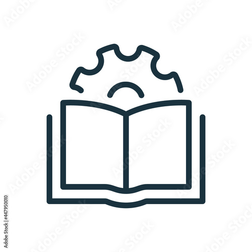 User Manual Document Line Icon. Technical Guide Book Linear Pictogram. Customer Guide, technical document. Open Book and Gear Outline Icon. Editable Stroke. Isolated Vector Illustration