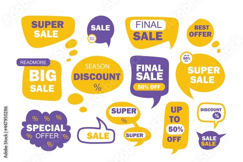 Sale lettering set. Bright yellow and purple lettering. Sale. Discount. Vector illustration.