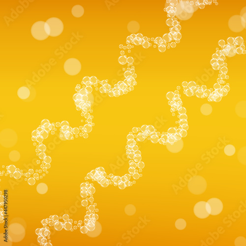 Lager beer. Background with craft splash. Oktoberfest foam. Froth pint of ale with realistic bubbles. Cool liquid drink for restaurant. Orange flyer template. Golden cup for oktoberfest foam.