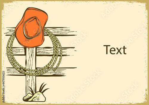 Cowboy American ranch background with cowboy hat and lasso on wood fence. Vintage Westerrn symbol hand drawn illustration on old paper texture for text