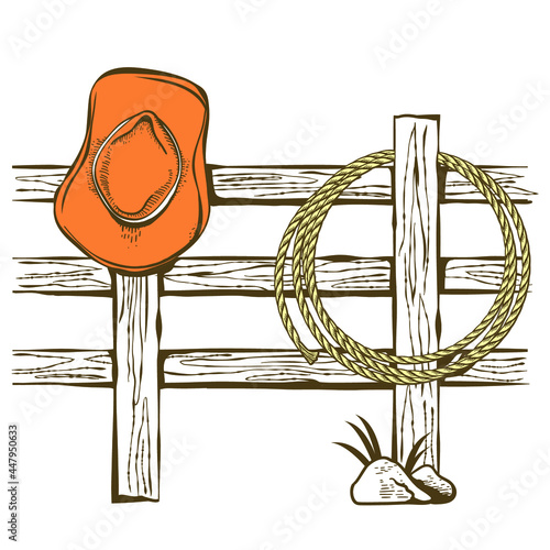 Cowboy American ranch background with cowboy hat and lasso on wood fence. Vintage Westerrn symbol hand drawn illustration on old paper texture for text