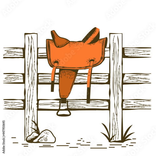 Cowboy American ranch with saddle and cowboy boots and lasso on wood fence. Vintage Westerrn symbol hand drawn color illustration isolated on white.
