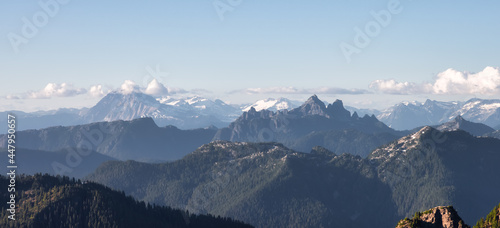 Panoramic View of Rocky Canadian Mountain Landscape. Sunny Summer Evening. Aerial Scene from Mnt Brunswick, near Vancouver and Squamish, British Columbia, Canada.