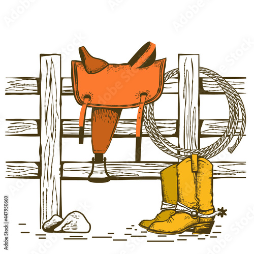 Cowboy American ranch with saddle and cowboy boots and lasso on wood fence. Vintage Westerrn symbol hand drawn color illustration isolated on white.