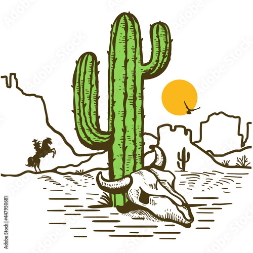 American desert landscape with Cactuses and bull skull. Arizona desert with yellow sun and cactuses silhouette. Vintage Westerrn symbol hand drawn color illustration isolated on white for design.