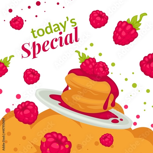 Todays special, raspberry pancakes bakery or cafe