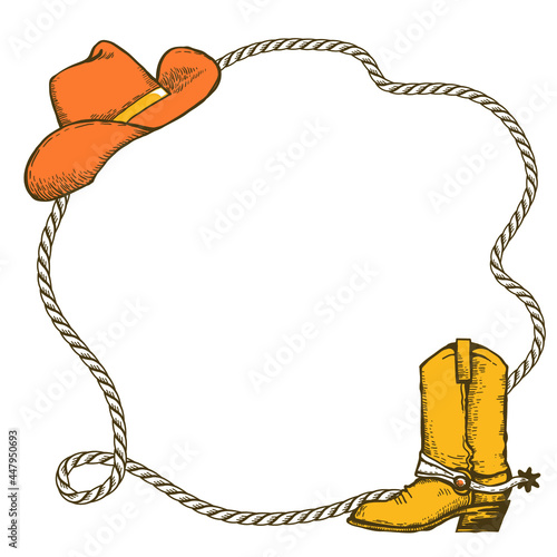 Rope frame with Cowboy hat and cowboy boot. Vector vintage illustration of Cowboy Ranch Concept isolated on white. © GeraKTV