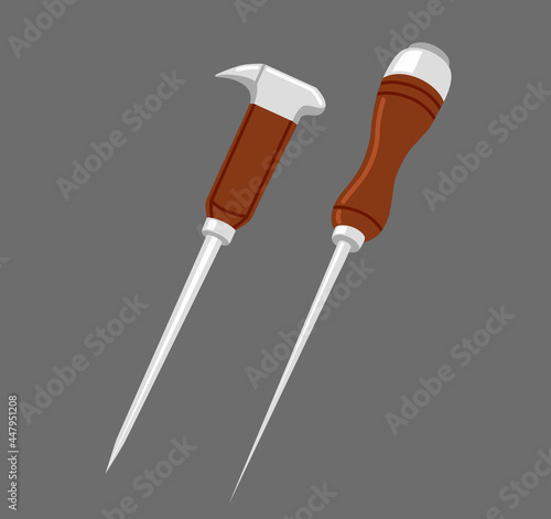 Spike ice pick with wooden handle and long steel. Kitchen tool isolated on white background. Kitchenware appliance. Hand-drawn vector illustration.