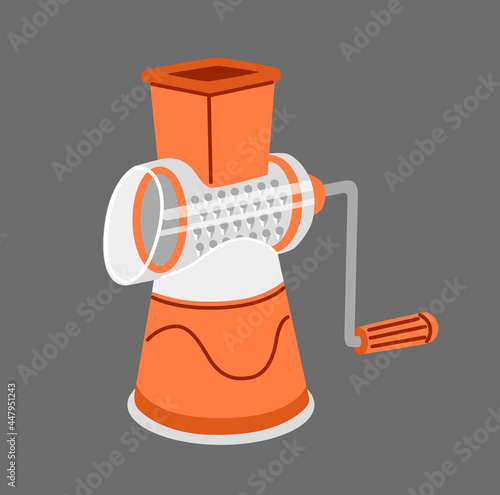 Mechanical manual vegetable cutter. Hand grater, rotary food slicer. Kitchen tool isolated on white background. Kitchenware appliance. Vegetable and cheese slicer. Vector illustration.